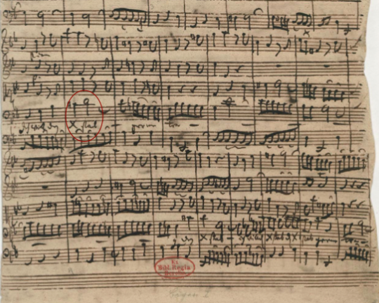 谱例6：《我愿背负我的十字架》（Ich will den Kreuzstab gerne tragen,BWV 56）手稿第18小节